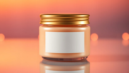 Wall Mural - Matte peach cream jar mockup with shiny gold lid and blank white rectangular label. surrounded by warm sunset colors, with soft gradients of orange and pink.