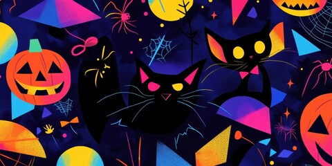 Neon Halloween Cats Pumpkins And Geometric Shapes