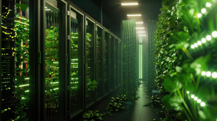 Poster - futuristic server room with lush greenery and LED lights, showcasing blend of technology and nature. vibrant plants create serene atmosphere in high tech environment