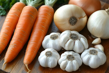 Wall Mural - Fresh Carrots Onions and Garlic on Wooden Board