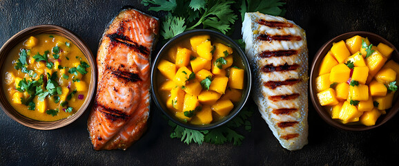 Wall Mural - Grilled Salmon and Fish with Mango Salsa