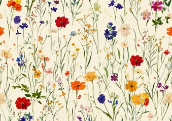 Canvas Print - Vibrant floral pattern featuring wildflowers on a soft cream background, perfect for seasonal projects and cheerful designs