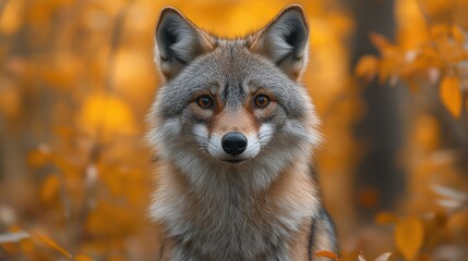 Wall Mural - portrait of a coyote in autumn with golden foliage background in the woods