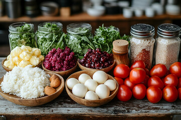 Wall Mural - Colorful Food Ingredients Arranged on Rustic Wooden Table