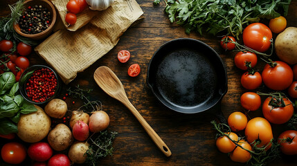 Wall Mural - Overhead View of Fresh Vegetables and Cast Iron Skillet on Dark Wooden Surface