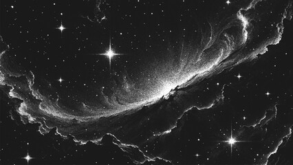 Aufkleber - Glowing fiery cosmic phoenix nebula emerging from stardust and gas clouds in deep space. Ethereal space clouds and bright stars in stippling style. Black and white dotted stippling vector illustration