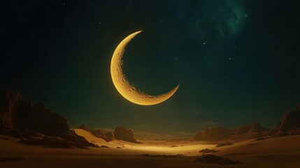 Wall Mural - Enchanted Desert Landscape with a Majestic Crescent Moon at Eid Night