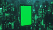 © enggal 99 - Futuristic green smartphone floating in a neon-lit cityscape at night, showcasing urban technology