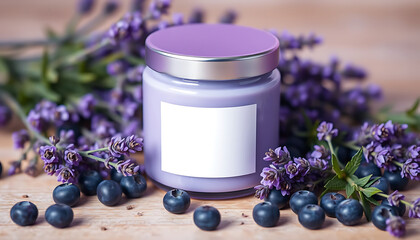 Wall Mural - Matte lavender cream bottle mockup with silver cap and blank white label. surrounded by scattered sprigs of fresh lavender and blueberries, placed on a wooden surface