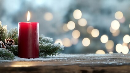 Wall Mural - Red candle, snow, pine, Christmas lights, winter scene; holiday card