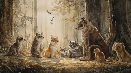 Calming watercolor scene of wild animals gathering in forest