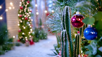 Wall Mural - Festive cactus, snow, Christmas tree, lights, holiday card