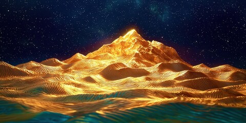 Poster - Mountain is shown in the foreground of a blue and yellow background