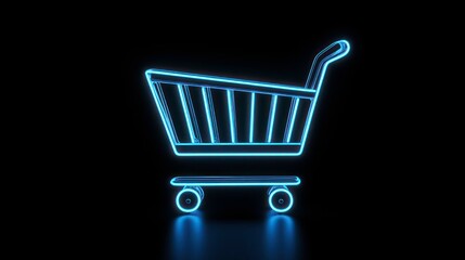 Fototapete - Glowing neon shopping cart on dark background, symbolizing online shopping, ecommerce, and modern retail. Bright, futuristic design.