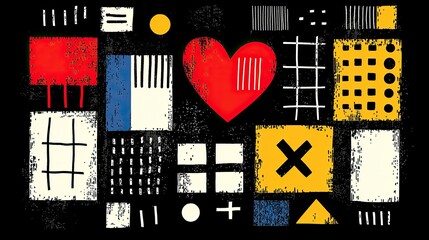 Poster - abstract geometric composition featuring a central red heart