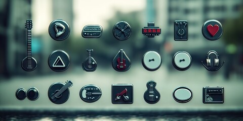 Music app icons on glass; city background. App design concept