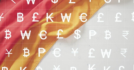 Poster - Currency symbols image over red and yellow fabric background