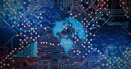 Aufkleber - global network and circuit board image over digital background