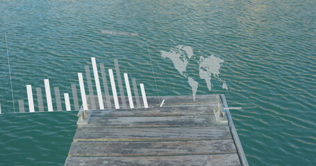 Poster - Graph and bar chart image over wooden dock extending into water