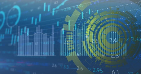 Poster - Financial data charts and graphs image over blue and yellow circular interface