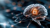 A high tech visualization of an AI powered cybersecurity system represented by a digital brain with a lock icon