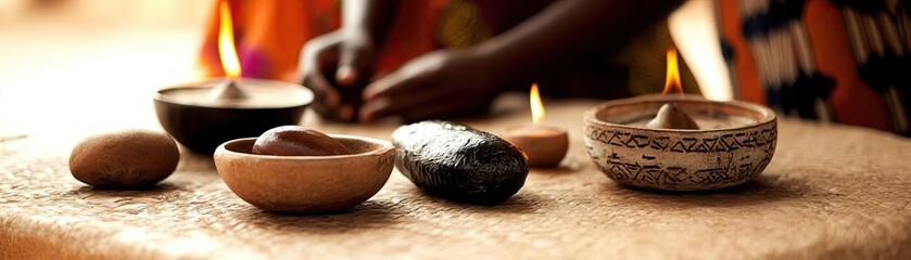 African ritual, burning candles, herbs, ceremony