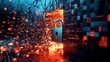 © MheeP - A digital lock dissolving on a 3D pixelated wall illustrates the concept of cybersecurity.