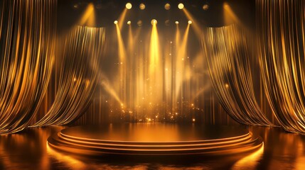 Poster - Luxury Golden Stage Presentation Background with Circular Pedestals Satin Drapes