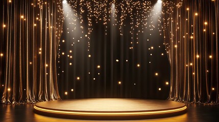 Poster - Luxury Golden Stage Presentation Background with Circular Pedestals Satin Drapes