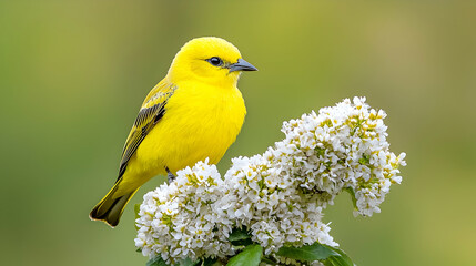  Yellow bird perched on white flowers, blurred green background, nature photography, ideal for websites, cards