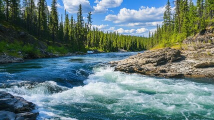 Wall Mural - Scenic river flowing through a forest with a blue sky and white clouds on a bright day