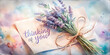 © AngelinArt - Thoughtful lavender bouquet with handwritten note. Rustic twine-tied arrangement on soft pastel wash background. Concept of: spa services, wellness products, thoughtful gifting