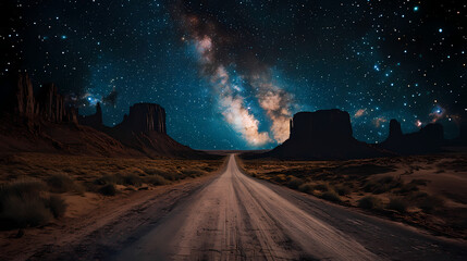 Wall Mural - Serene night road leads to the stars amidst a vast desert landscape under a mesmerizing milky way sky. a journey into the cosmos. Midnight Canyon. Illustration