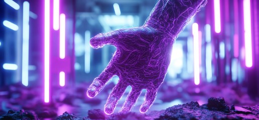 Poster - Glowing hand reaches ground; neon city background