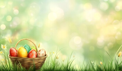 Celebrating Easter with three painted eggs in a bird's nest, set against a vibrant spring meadow and sunny sky, with a blurred foreground and space for copy