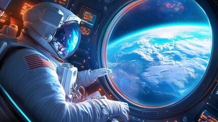 Wall Mural - astronaut gazes at earth from spacecraft window in space