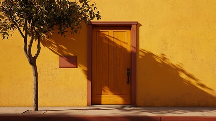 Poster - Yellow Wall Wooden Door Small Tree Shadows Sunlight