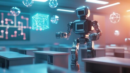 Poster - Futuristic Classroom with Robot and Holographic Technology Display