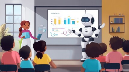 Poster - Kids Learning from Robot in Classroom with Charts and Data Visuals