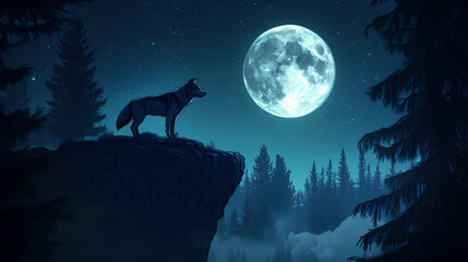  Majestic lone wolf on night ledge: moonlit forest stock photo. Moonlit Ridge. Illustration