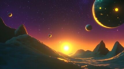 Wall Mural - Stunning Cosmic Landscape with Colorful Planets and Twilight Horizon
