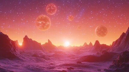 Wall Mural - Surreal Landscape with Multiple Celestial Bodies at Dusk