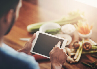 Aufkleber - Man, cooking or vegetables with hands on tablet screen for recipe research, ingredients or dinner idea website. Tech, male person or chef browsing internet for mediterranean diet and wellness in home