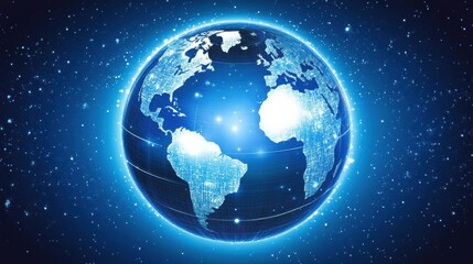 Poster - Blue 3D Earth Globe with Digital Data and Starry Background