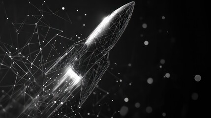 Poster - Polygonal wireframe mesh futuristic with rocket, sign on dark background. Vector lines, dots and triangle shapes, connecting network, digital molecules technology, connection structure.