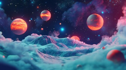 Wall Mural - Cosmic Landscape with Colorful Planets and Mystic Clouds in Space
