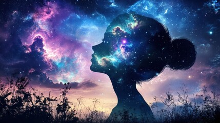 Wall Mural - Cosmic Dreamer Silhouette with Galaxy Background in Night Sky