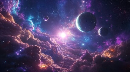 Wall Mural - Cosmic Beauty of Colorful Nebula with Planets in Night Sky