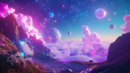 Wall Mural - Ethereal Landscape with Colorful Clouds and Cosmic Spheres