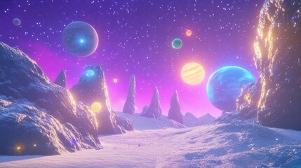 Wall Mural - Cosmic Landscape with Colorful Planets and Vibrant Starscape